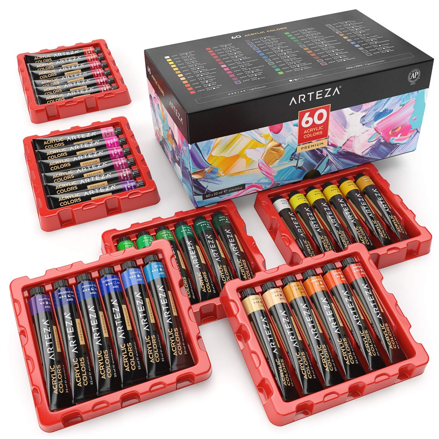 ARTEZA Acrylic Paint Set, 60 Colours, 22 ml Tubes, High Viscosity WaterBased Paint, Art