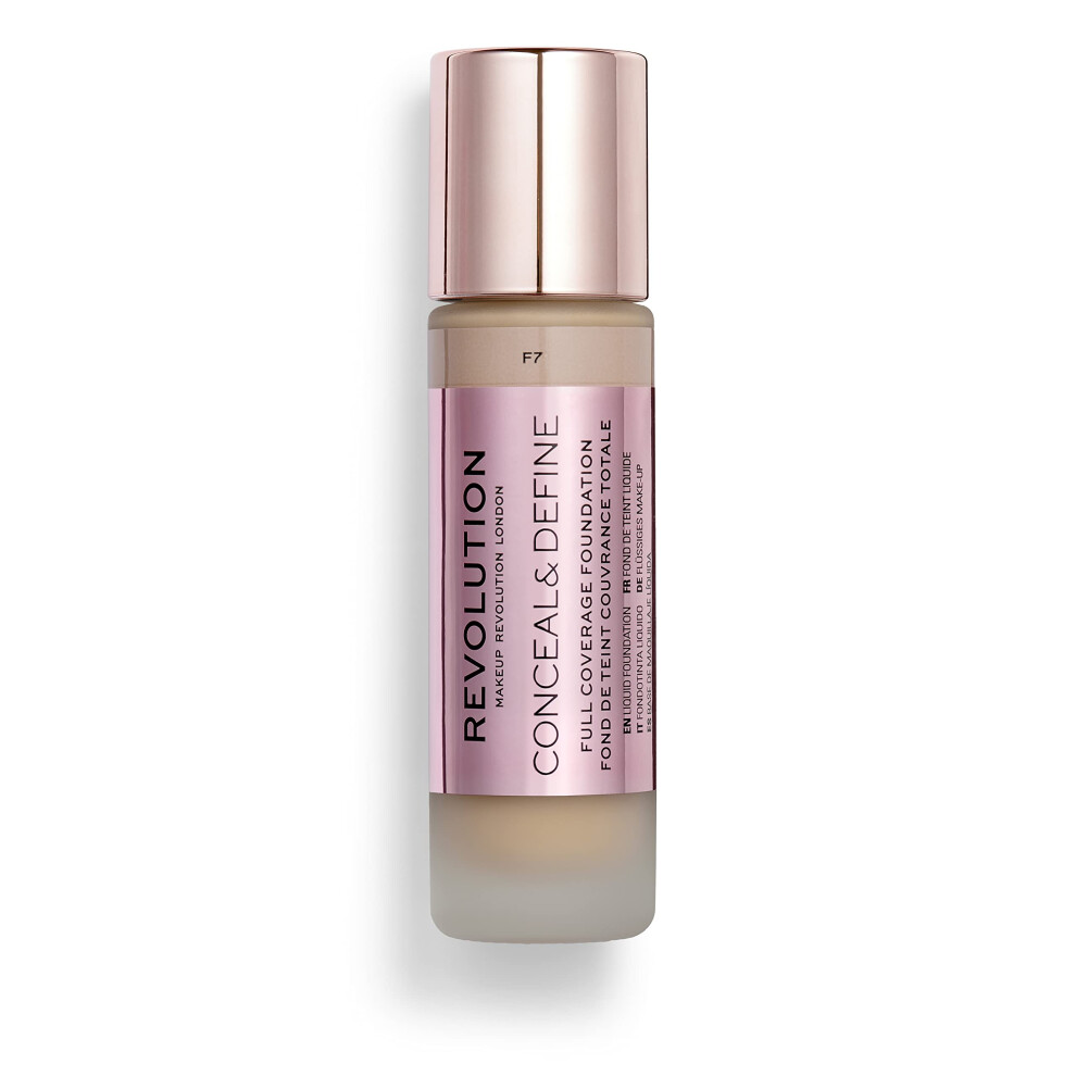 Makeup Revolution Conceal & Define Foundation, Cream Foundation Makeup, Full Coverage, For Medium Skin Tones, Vegan & Cruelty-Free, F7, 23ml