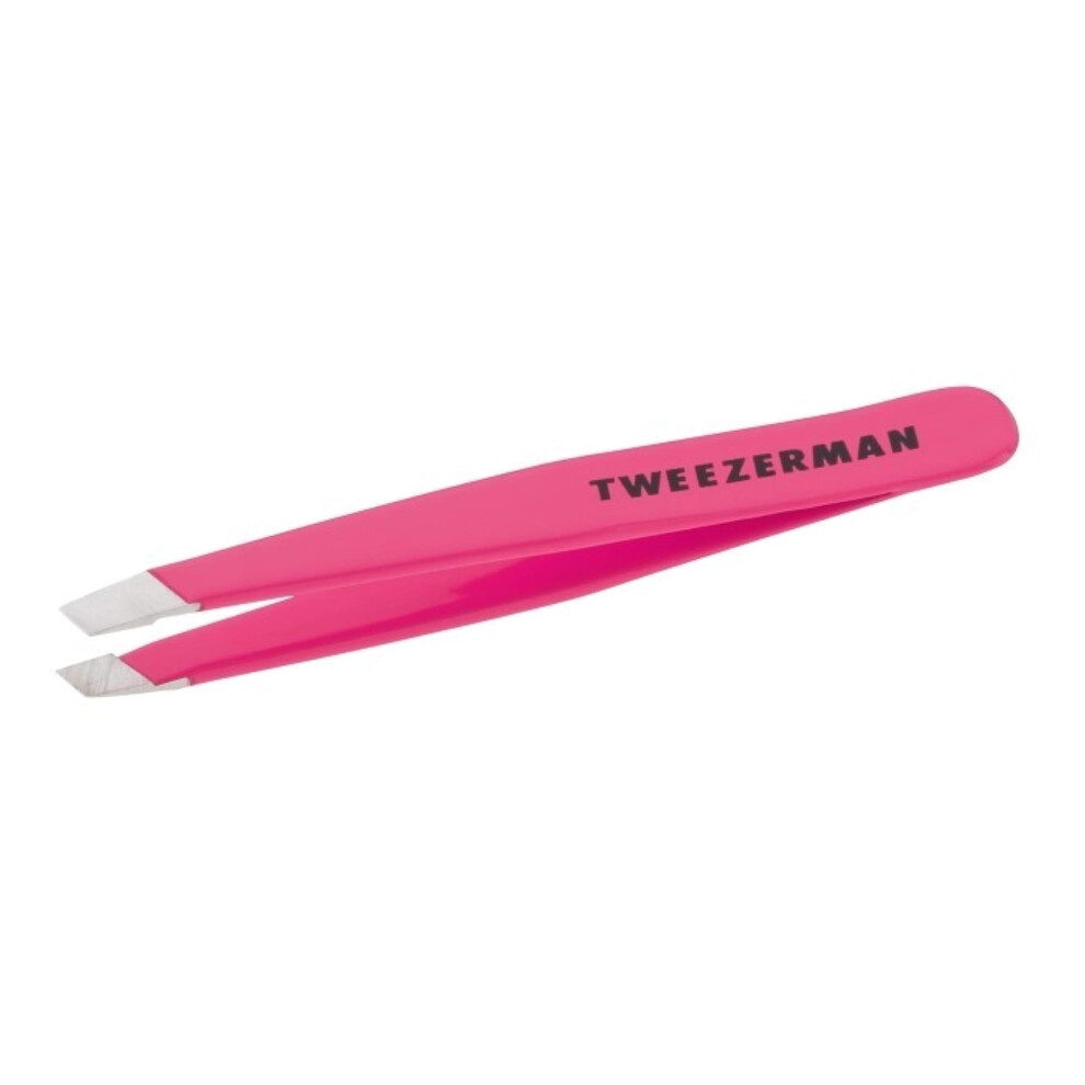 Tweezerman Stainless Steel Mini Slant Tweezer, Neon Pink, 1 count