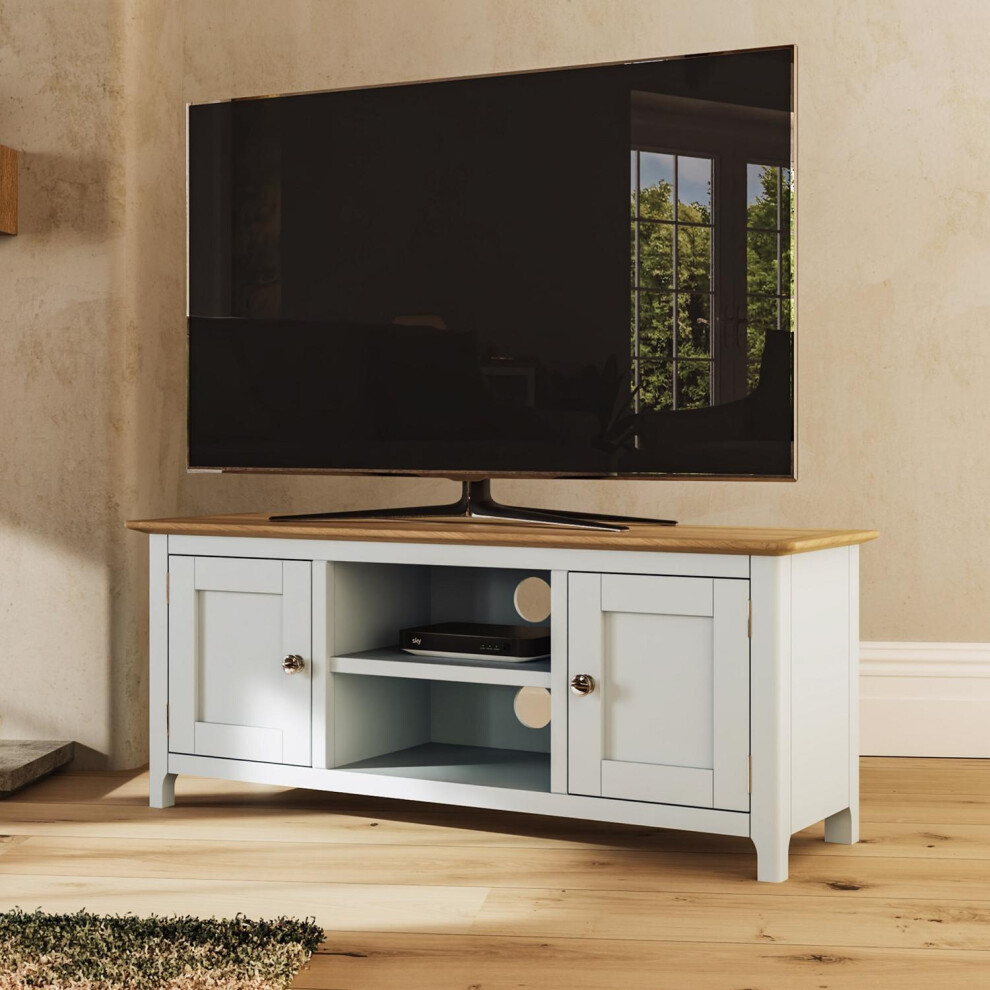 Large 2 Door TV Unit Linen Cream Solid Oak Living Room Assembled