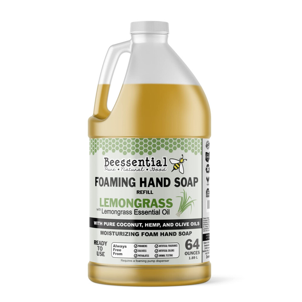 Beessential All Natural Foaming Hand Soap Refill Bulk, 64 Oz Lemongrass | Made With Moisturizing Aloe & Honey - Made In The Usa