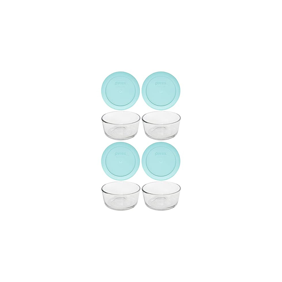 Pyrex (4) 7202 glass Bowls & (4) Pyrex 7202-Pc Turquoise Lids