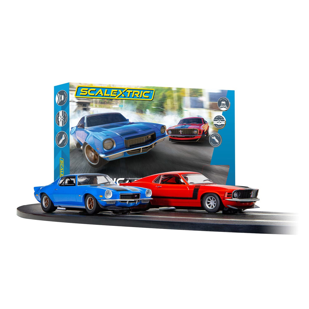 Scalextric American Street Duel 1970's Camaro vs. Mustang 1:32 Slot Car Race Track Set C1429T, Blue & Red