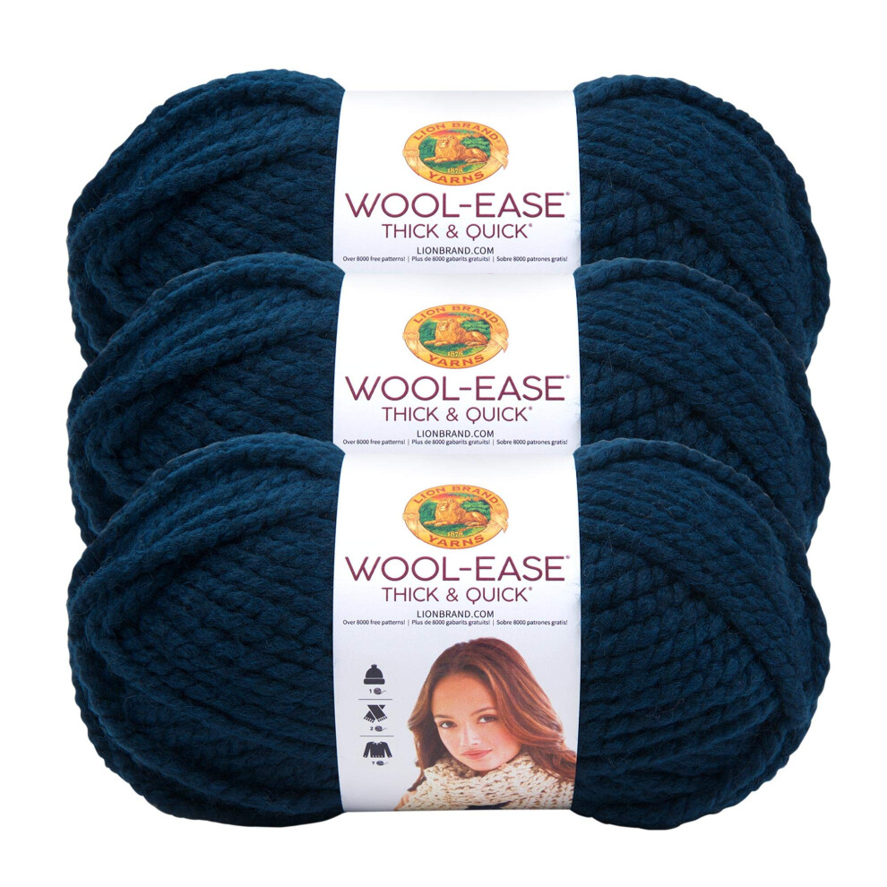 Lion Brand Yarn Wool-Ease Thick Quick Yarn, Soft and Bulky Yarn for Knitting, crocheting, and crafting, 3 Pack, Petrol Blue