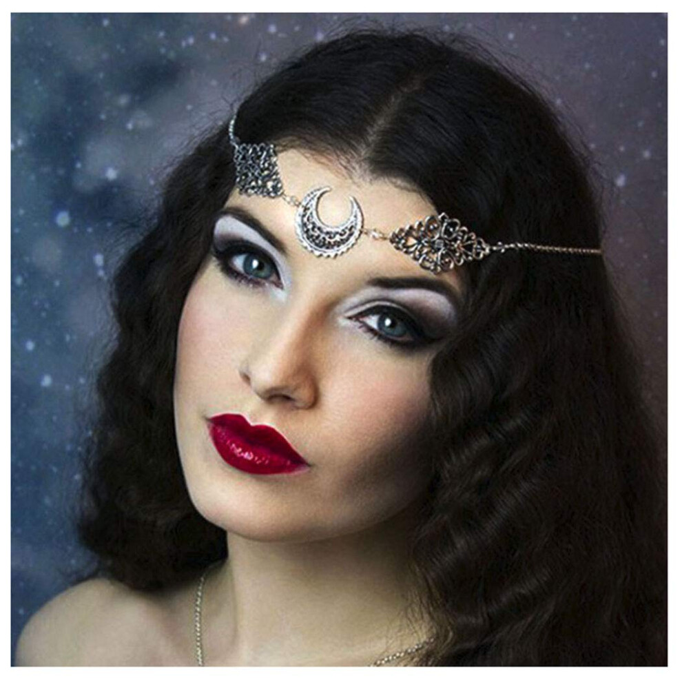 CanB Boho Moon Head chain Charm Vintage Hair Chain Festival Front Hair Jewelry Silver Gypsy Headpiece Hair Accessories pour femmes filles (style-1)