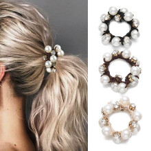 Brinie Pearl H?rb?nd Sort hestehaleholdere Elastisk krystalh?r Scrunchies Perleh?rtilbeh?r til kvinder og piger (pakke med 3)