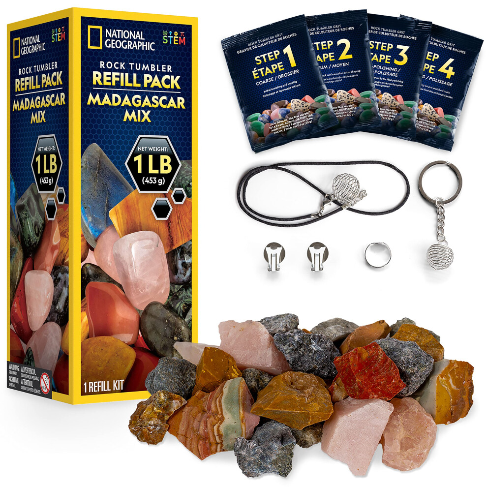 NATIONAL gEOgRAPHIc Rock Tumbling Refill - 1 Lb Mix of Rocks from Madagascar for Rock Polishers, 5 Jewelry Fastenings & Rock Polishing grit