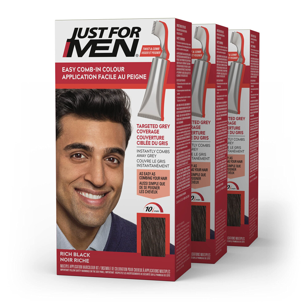 Just For Men Easy comb-In color (Formerly Autostop) Mens Hair Dye, Easy No Mix Application - Rich Black, A-65, 3 Pack