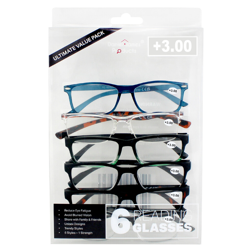 (+3.0 Strength) 6 Pack Reading Glasses Unisex with Spring Hinges Lightweight Readers Eyeglasses +1.50 +2.00 +2.5 +3.00