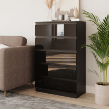 (Black & Black) 5 Drawer High Glossy Wooden Bedroom Chest Cabinet No Handle Drawer Storage