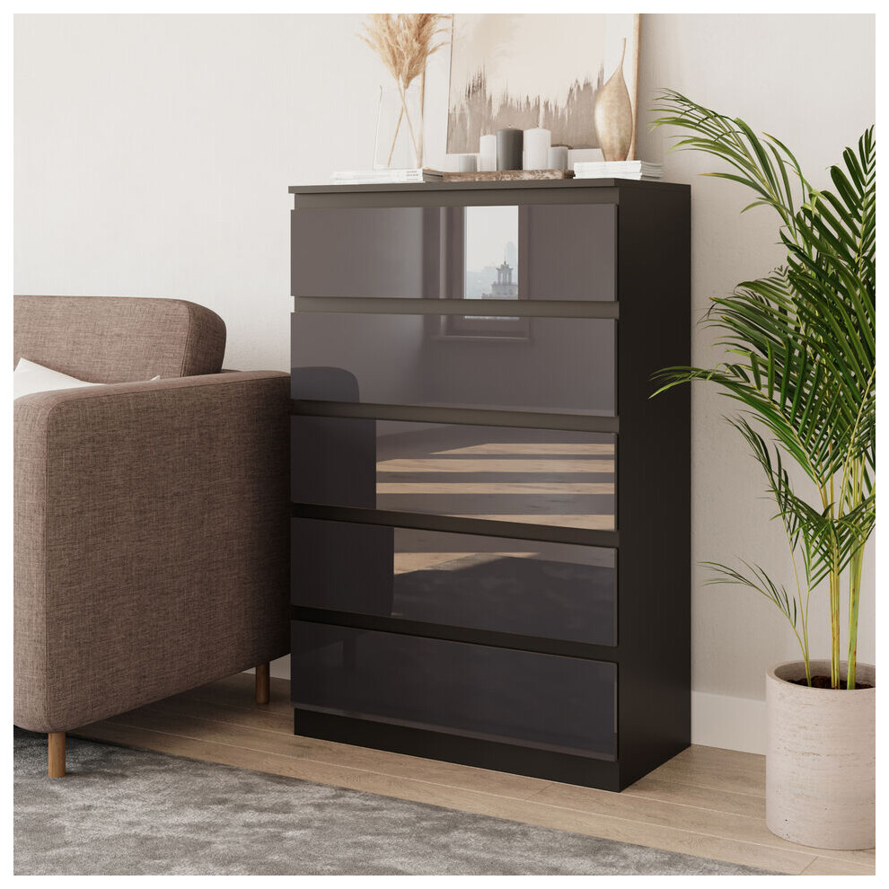 (Black & Grey) 5 Drawer High Glossy Wooden Bedroom Chest Cabinet No Handle Drawer Storage