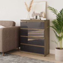 (Oak & Grey) 4 Drawer High Glossy Wooden Bedroom Chest Cabinet No Handle Drawer Storage