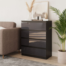 (Black & Grey) 4 Drawer High Glossy Wooden Bedroom Chest Cabinet No Handle Drawer Storage
