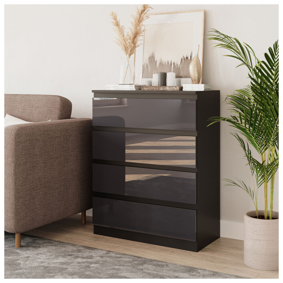 (Black & Grey) 4 Drawer High Glossy Wooden Bedroom Chest Cabinet No Handle Drawer Storage