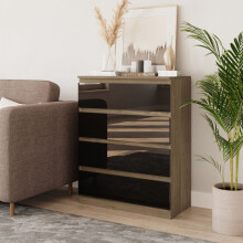 (Oak & Black) 4 Drawer High Glossy Wooden Bedroom Chest Cabinet No Handle Drawer Storage