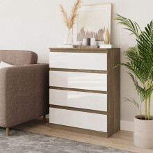 (Oak & White) 4 Drawer High Glossy Wooden Bedroom Chest Cabinet No Handle Drawer Storage