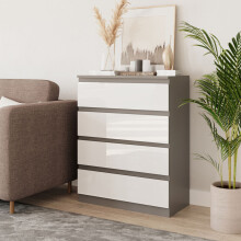 (Grey & White) 4 Drawer High Glossy Wooden Bedroom Chest Cabinet No Handle Drawer Storage