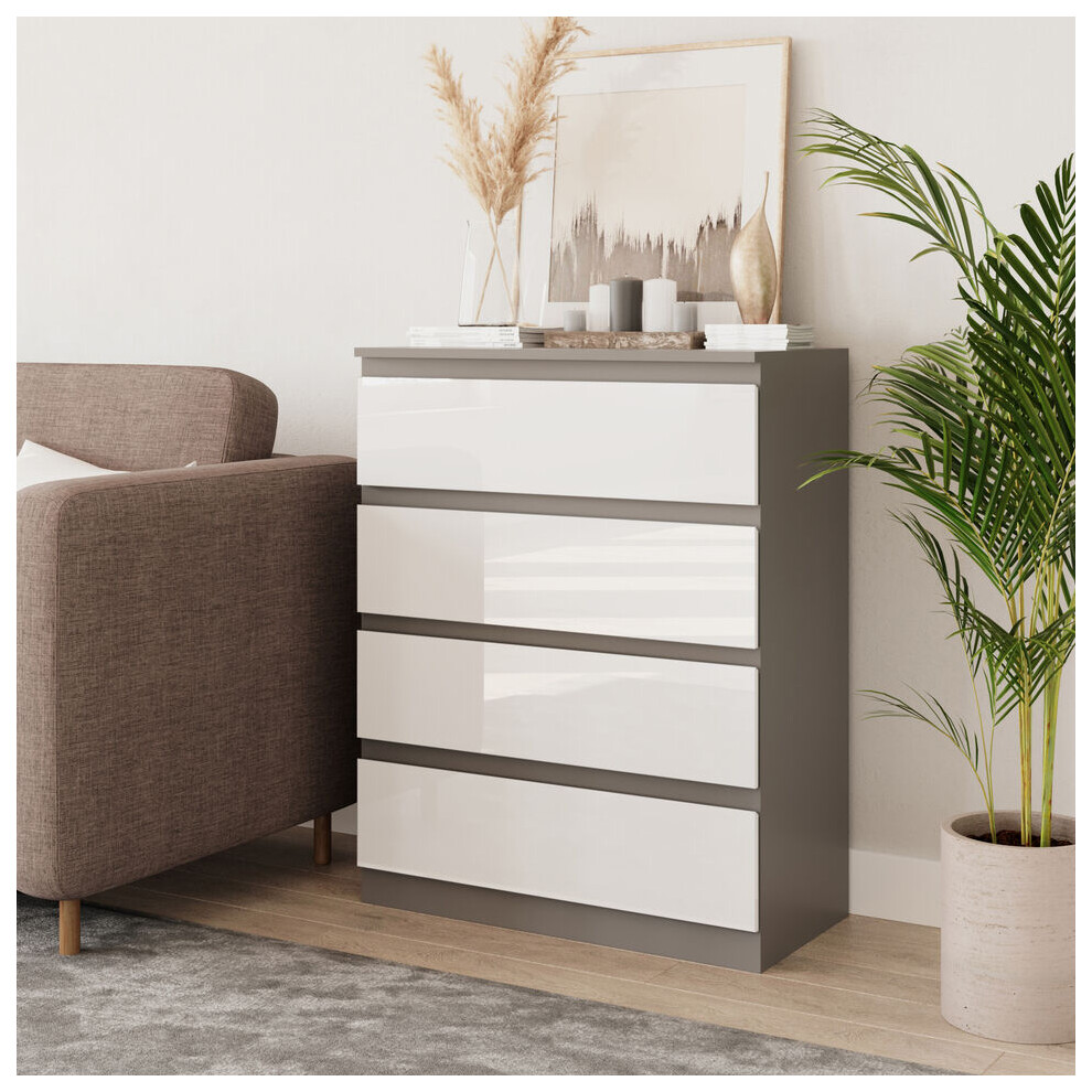 (Grey & White) 4 Drawer High Glossy Wooden Bedroom Chest Cabinet No Handle Drawer Storage