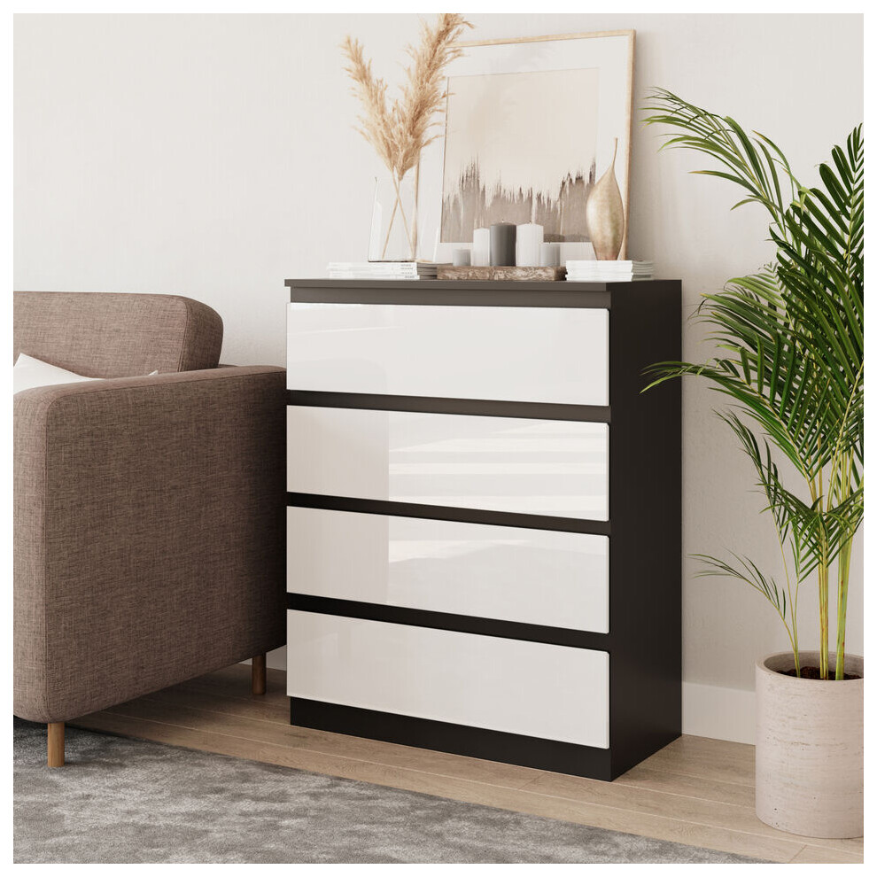 (Black & White) 4 Drawer High Glossy Wooden Bedroom Chest Cabinet No Handle Drawer Storage