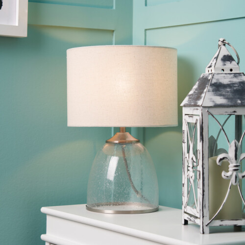 Litecraft Table Lamp Clear Base With Natural Drum Shade - Satin Nickel 1