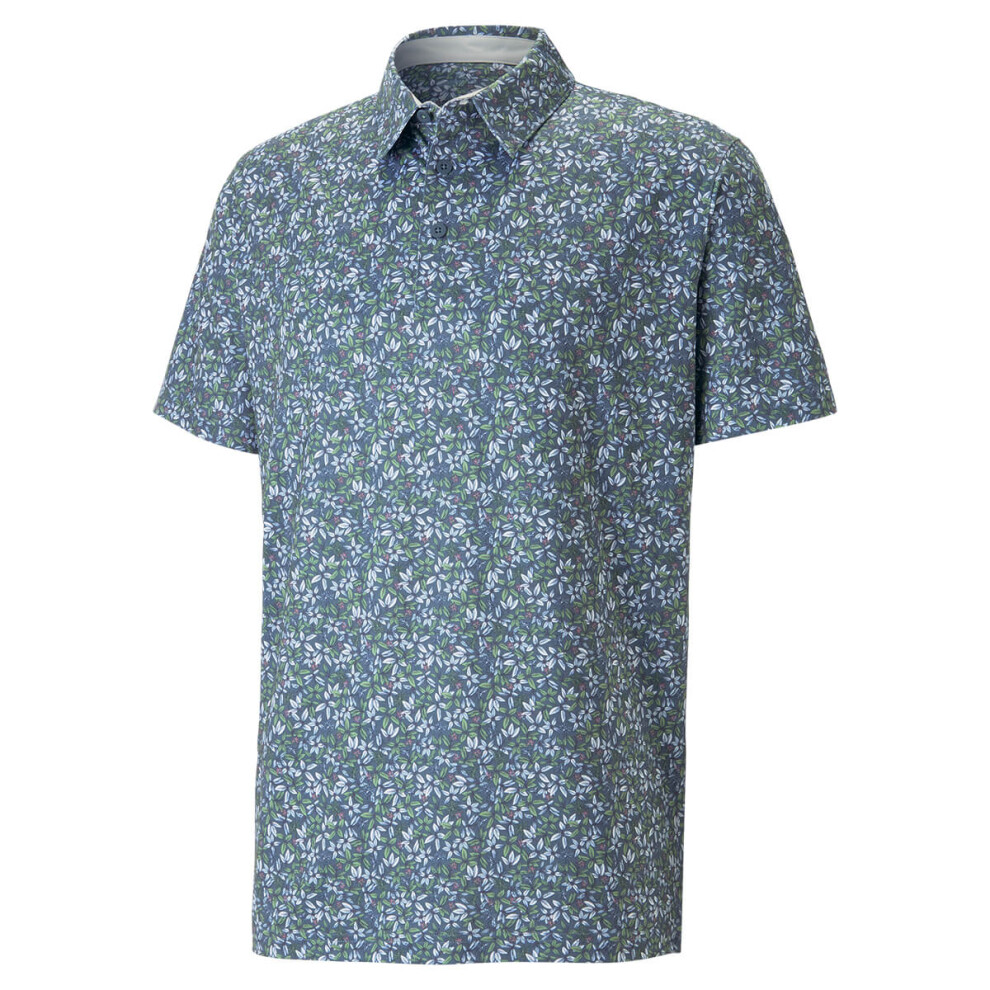 (M, Evening Sky/Dusty Green) Puma Golf Mens Mattr Florals Moisture Wicking Recycled Fabric Polo Shirt