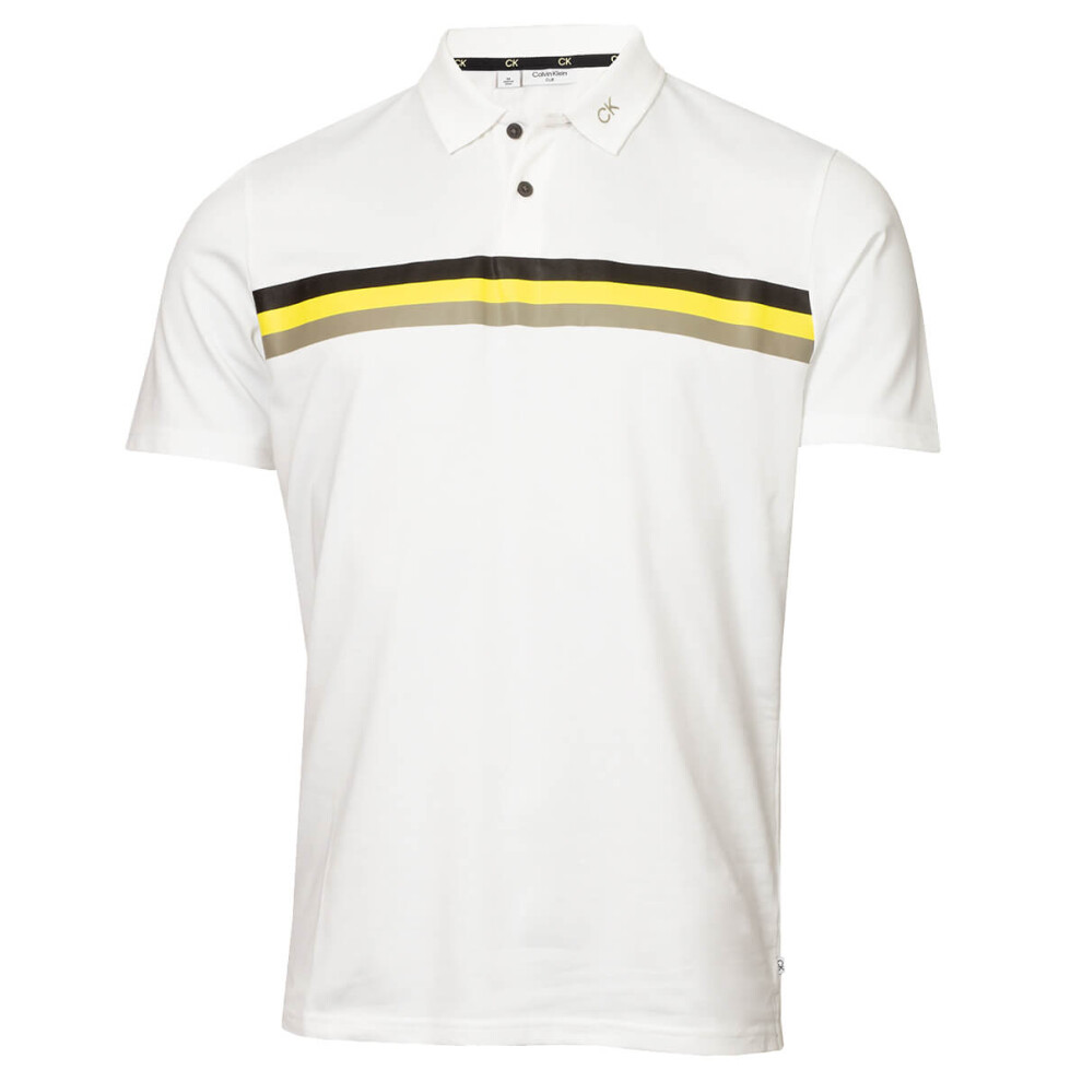 (M, White/Acid Yellow) Calvin Klein Mens 2023 Parker Moisture Wicking Lighweight Golf Polo Shirt