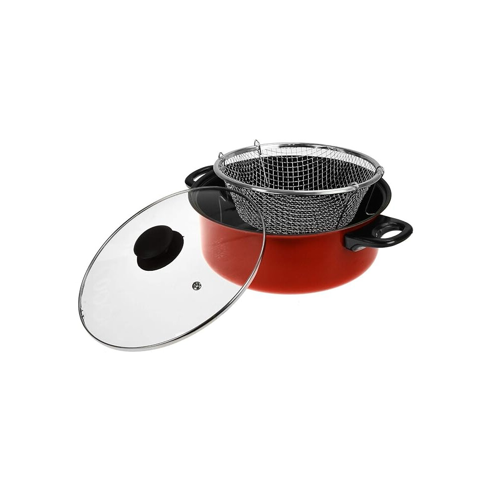 3 in 1 Prima Deep Fryer Cooking Set Home Kitchen Chef Food RED Cooker Chip Fry Pan Non Stick Pot Steamer Basket Glass Lid