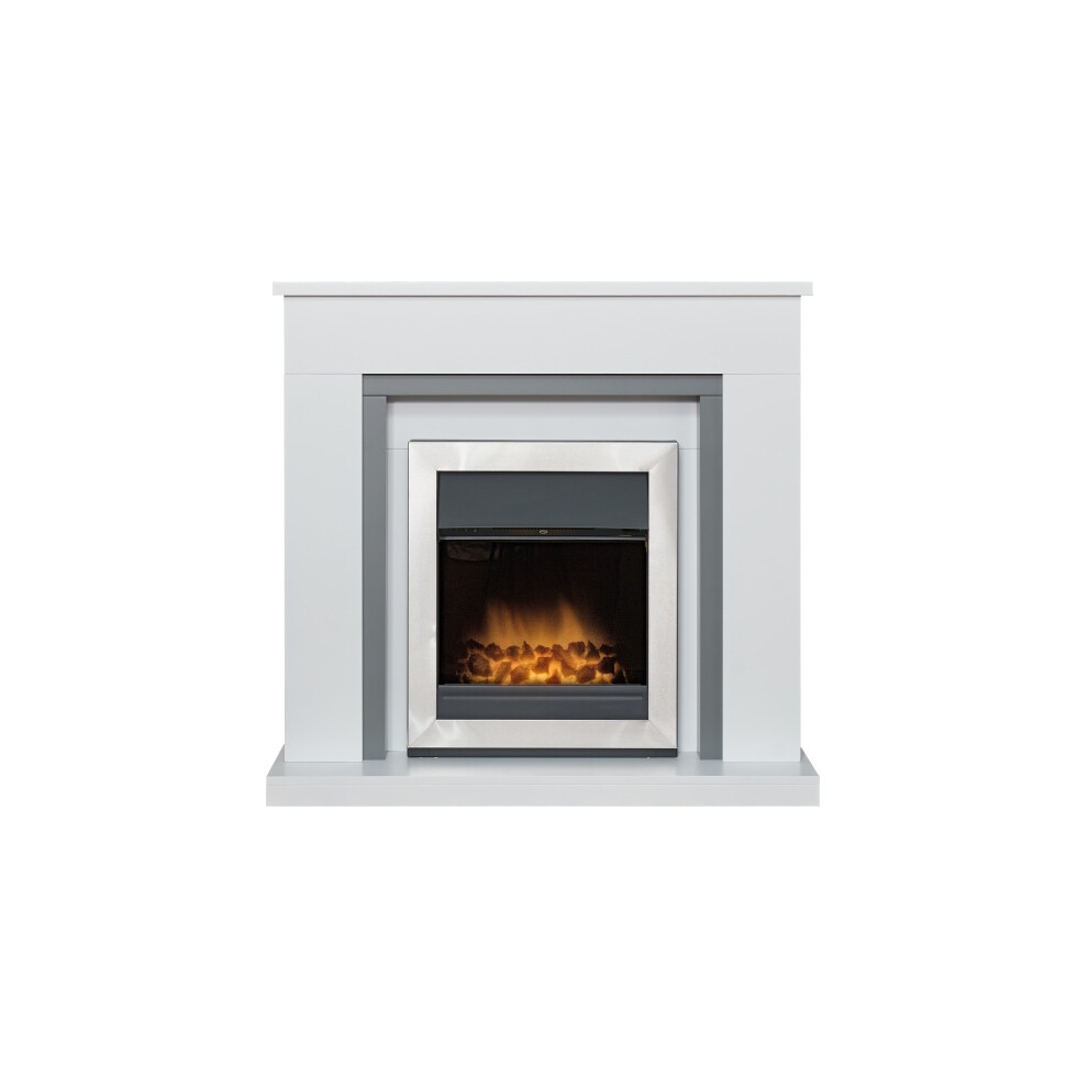 Adam Milan Fireplace in Pure White & Grey with Vancouver Electric Fire in Brushed Steel, 39 Inch