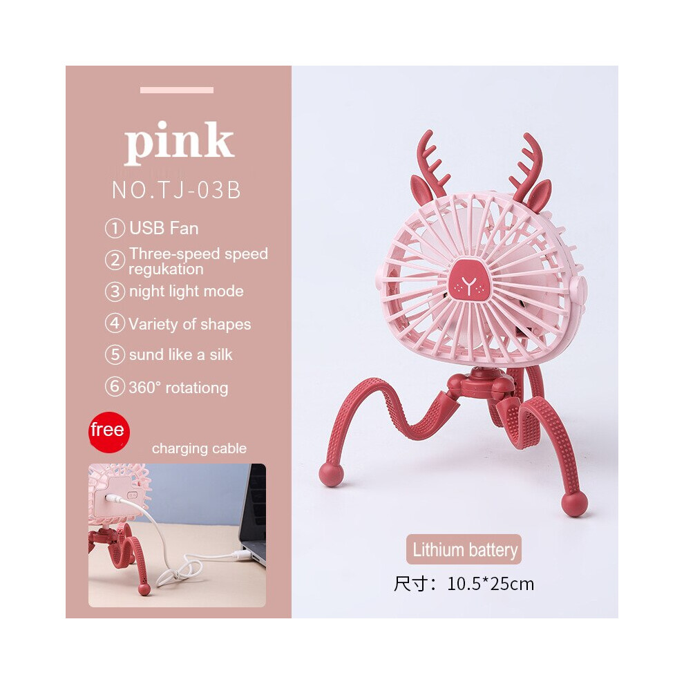 (Tj-03B ) Usb Stroller Fan Portable Desk Handheld Baby Bed Car Seat Fan 500Mah Rechargeable Pink 8210516632325