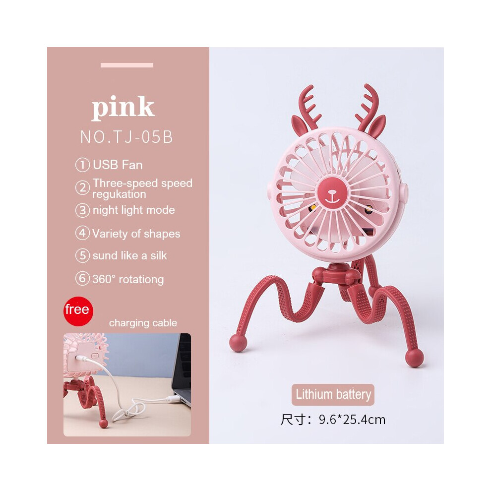 (Tj-05B ) Usb Stroller Fan Portable Desk Handheld Baby Bed Car Seat Fan 500Mah Rechargeable Pink 8210516632356