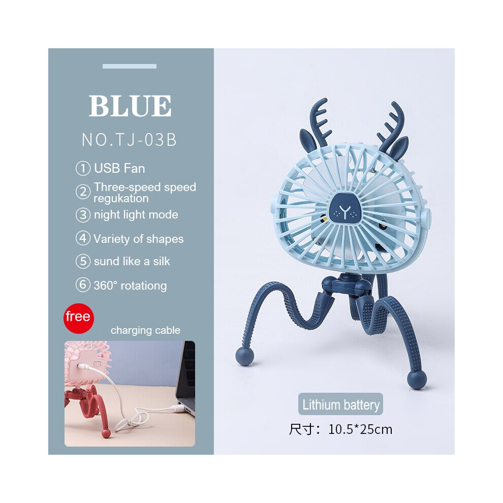 (Tj-03B ) Usb Stroller Fan Portable Desk Handheld Baby Bed Car Seat Fan 500Mah Rechargeable Blue 8210516632332