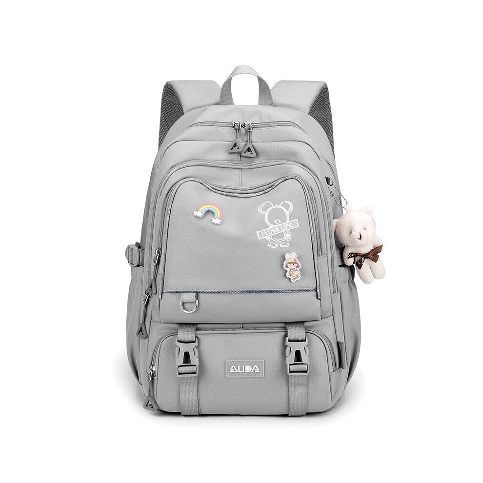 (grey) New School Backpack Girls Cute Bagpack Large Capacity Waterproof Teenager