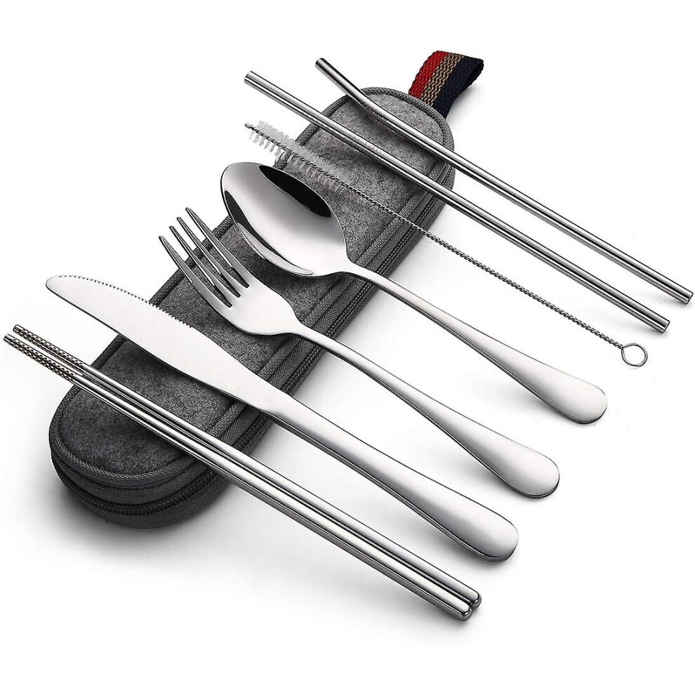 Portable Utensils, Travel Camping Cutlery Set, 8-piece Including Knife Fork Spoon Chopsticks Cleaning Brush Straws Portable Case, Stainless Steel Flat