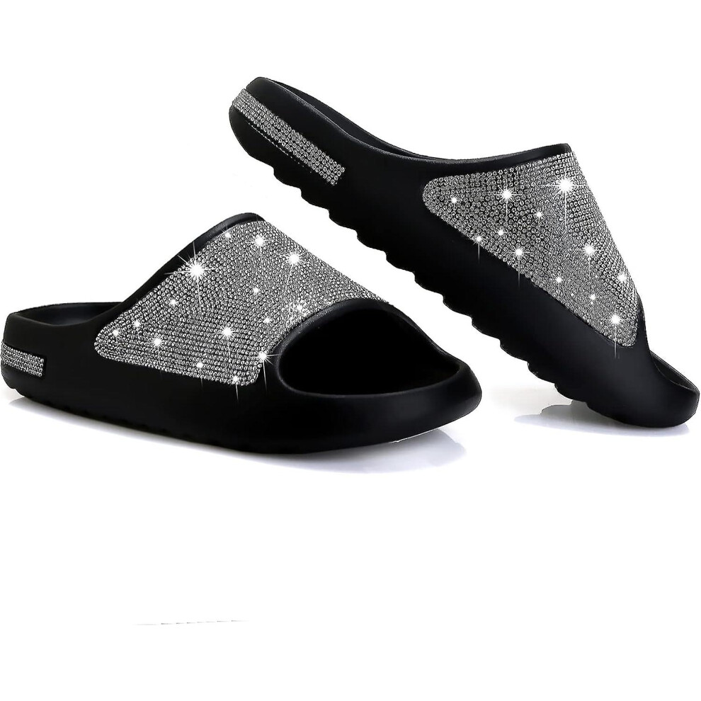 (Black, EUR37) Cloud Slides For Women, Diamond Platform Pillow Slippers Slides, Adult Bling Casual Glitter Crystal Slides Footbed Sandals Slippers, Super Soft Lightw