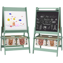 AIYAPLAY 3-in-1 Kids Easel with Paper Roll, Blackboard & Whiteboard, Storage Baskets, Pinewood/MDF - Green, Animal Design (3B0-011V80GN)