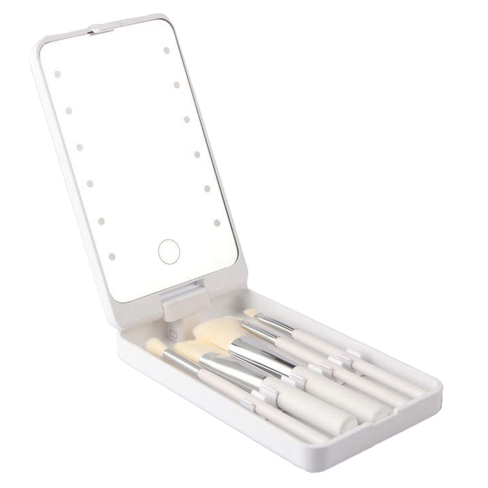 Tauoh White Moresk-Mirror Portable Makeup Mirror With 5 Brushes Storage Box Led Touch Portable One-Face Storage Box Makeup Mirror