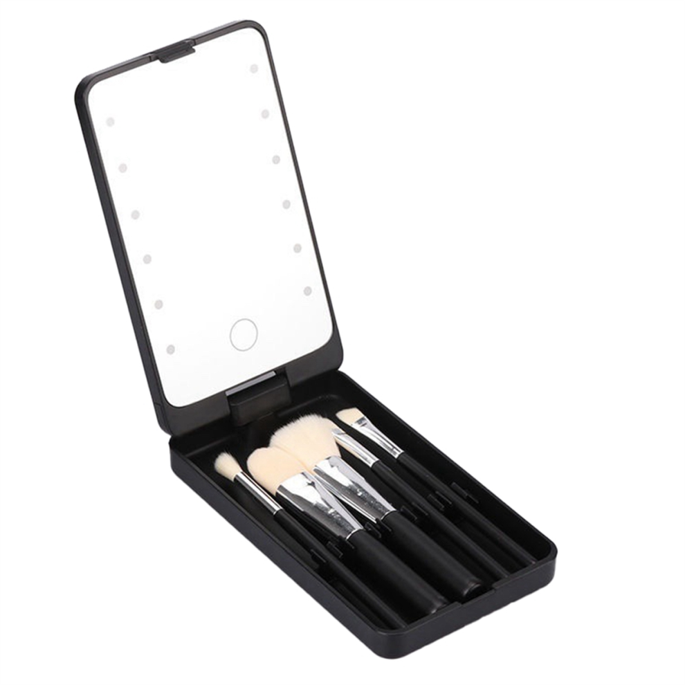 Tauoh Black Moresk-Mirror Portable Makeup Mirror With 5 Brushes Storage Box Led Touch Portable One-Face Storage Box Makeup Mirror