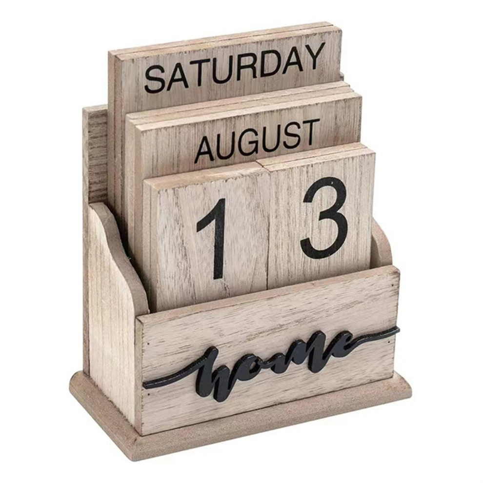 moresk-Perpetual Calendar Wooden Vintage Wood Block Calendar for Home Office Desk Accessories Week Month Date Display