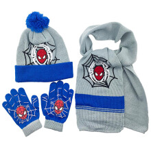 (Gray Blue) 3pcs Boys Superhero Spiderman Cartoon Pom Pom Beanie Hat Scarf Gloves For 3-8 Years Kids Spider-man Character Winter Knitted Warmer Set