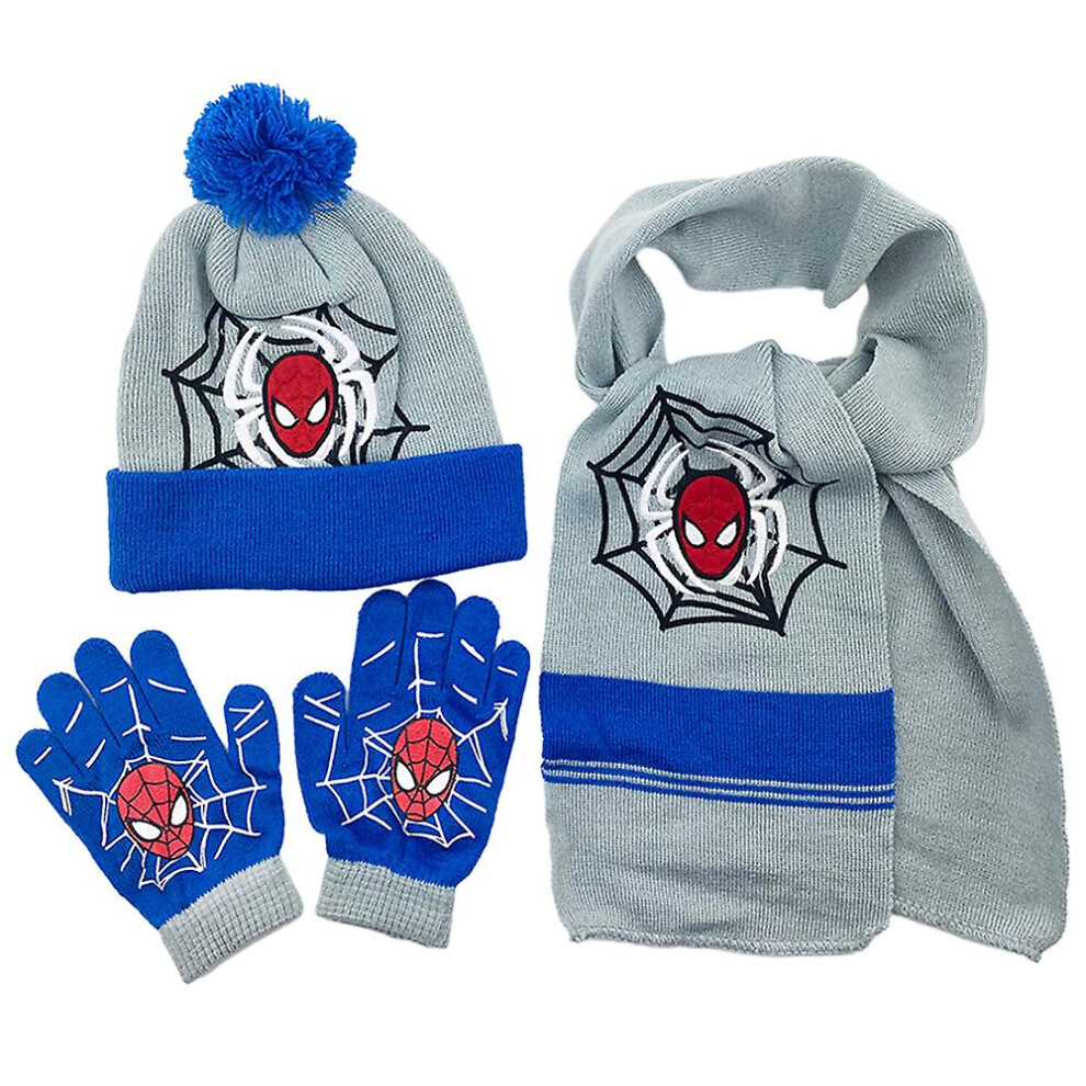 (Gray Blue) 3pcs Boys Superhero Spiderman Cartoon Pom Pom Beanie Hat Scarf Gloves For 3-8 Years Kids Spider-man Character Winter Knitted Warmer Set