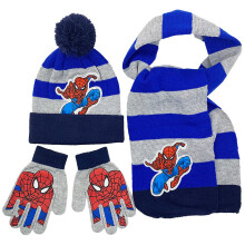 (Gray Dark Blue) 3pcs Boys Superhero Spiderman Cartoon Pom Pom Beanie Hat Scarf Gloves For 3-8 Years Kids Spider-man Character Winter Knitted Warmer Set