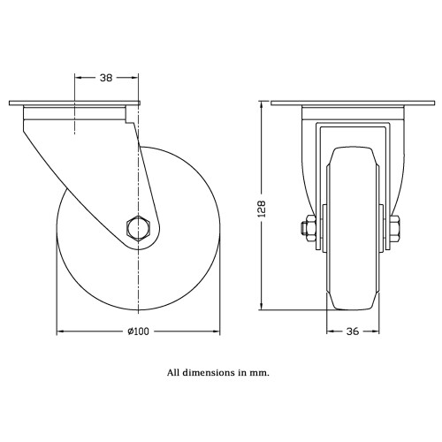 Parnells 100 mm Lenkrolle mit blauem Elastikgummi auf Nylon Mittelrad 1
