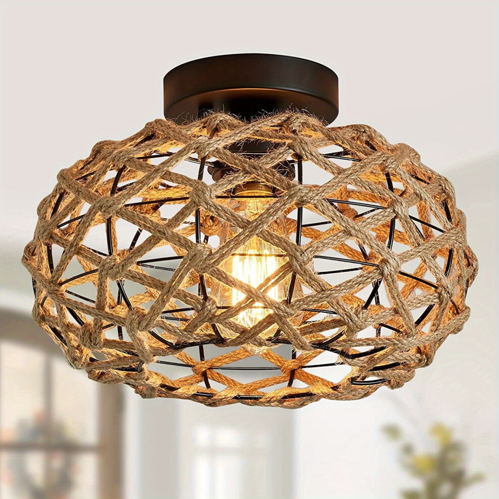 (?Iron With Hemp Rope) Boho Semi Flush Mount Ceiling Light, Coastal Woven Hemp Rope Cage Rattan Wicker Retro Rustic Light Fixture, For Bedroom Hallway Entryway Kitchen
