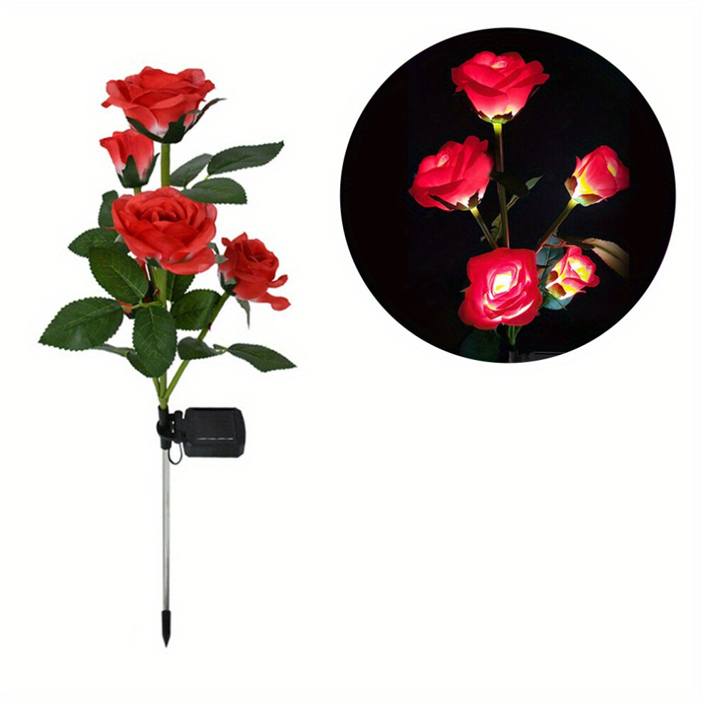 (Red) 5 Heads LED Solar Rose Lights, Simulated Rose Flower Lamp, For Landscape Garden Home Decoration, Christmas Halloween Birthday Gifts, Valentine's