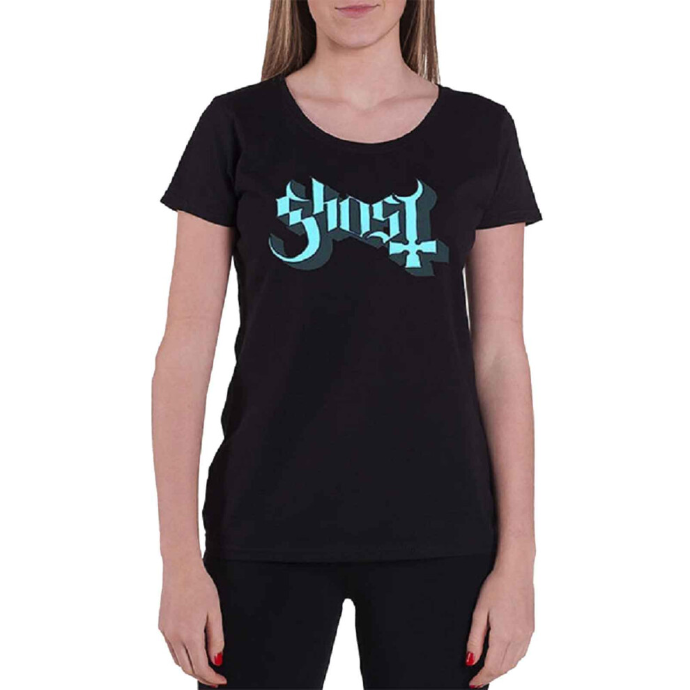 (M, Black) Ghost Blue Keyline Logo Womens Skinny Fit T Shirt
