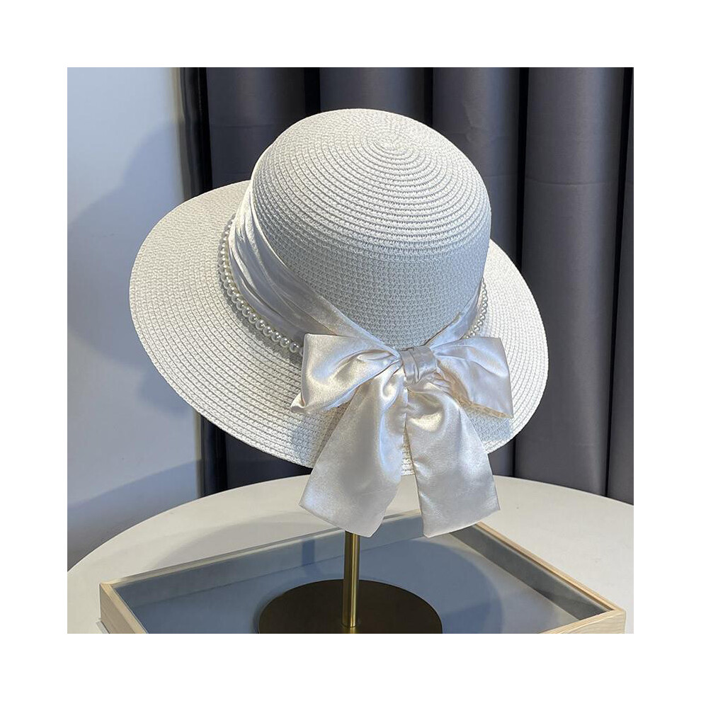 (White) Style Hat French Straw Woven Retro Elegant Womens Big Brim Sun Hatscaps