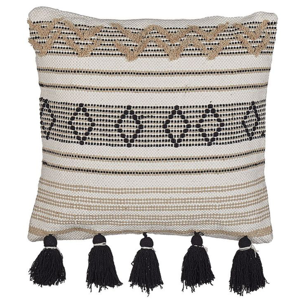 Cotton Cushion Geometric Pattern with Tassels 45 x 45 cm Beige and Black SAMBUCUS