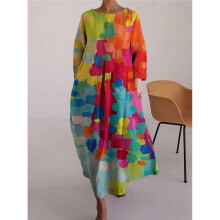 (COLORFUL, L) Loose Colorful Contrast Color Printed Round-neck Maxi Dresses Midi Dresses