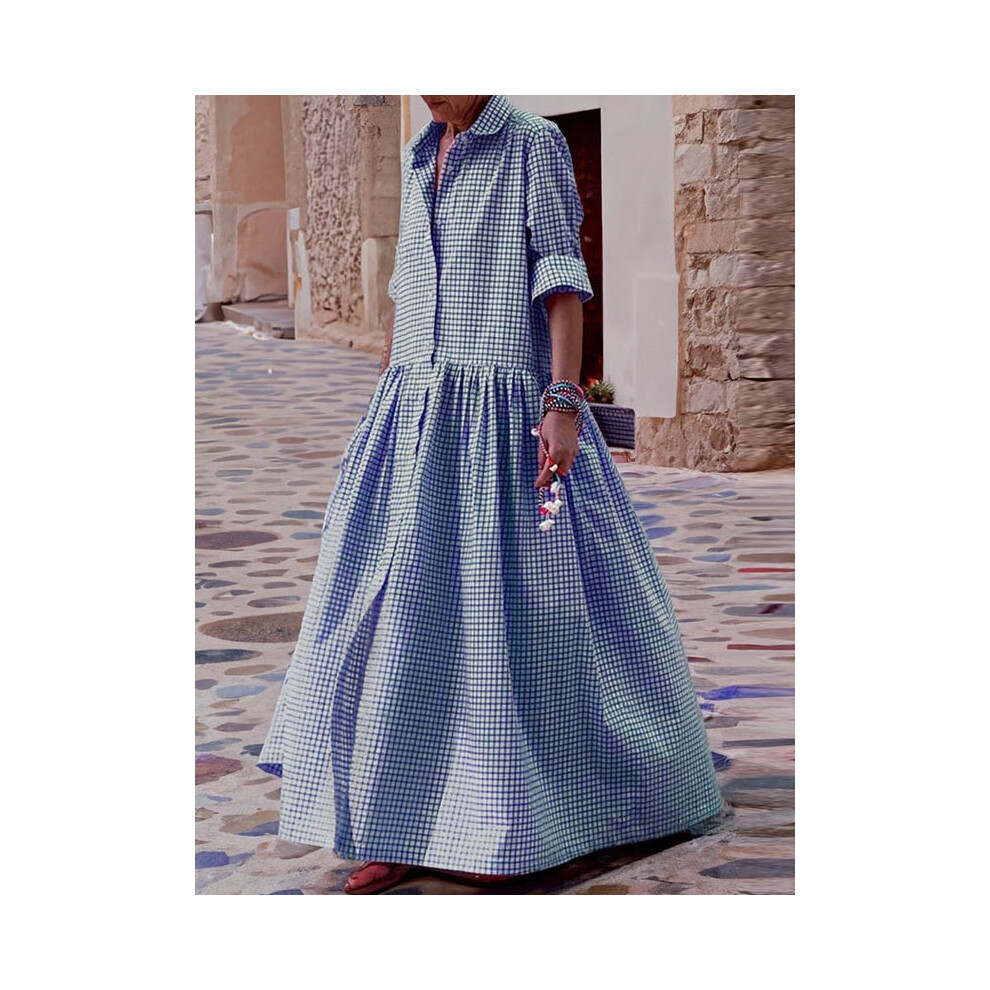 (BLUE, L) Long Sleeves Loose Buttoned Plaid Pleated Split-Joint Lapel Maxi Dresses-image-OPC-PDQ72DN-NEW