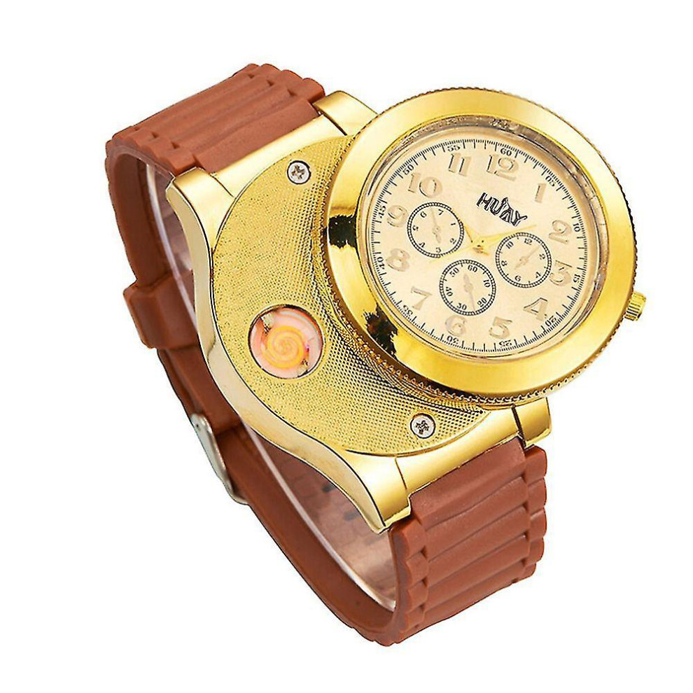 (golden) Usb Charging Lighter Watch Men Electronic Sports Quartz Wristwatches Windproof Flameless Smoke Cigarette Lighter Gifts Z